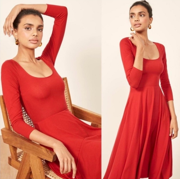 Reformation Dresses & Skirts - Reformation Lou Midi Dress in Cherry Mid Sleeve Red Medium